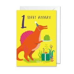 a dinosaur birthday card with the number one on it's front and an image of a