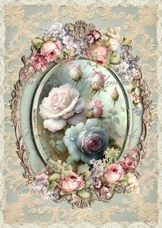 an ornate frame with roses and other flowers in the center on a light blue background