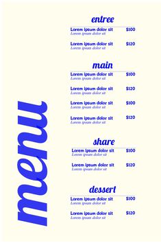 the menu is designed in blue and white with an unusual font pattern on it's side