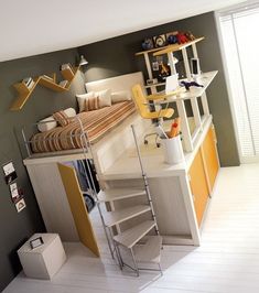 a bedroom with a loft bed and stairs leading up to the top floor, next to a window