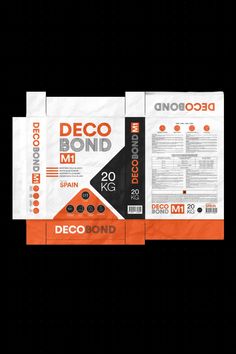 three bags of deco bond on a black background, each with an orange and white design