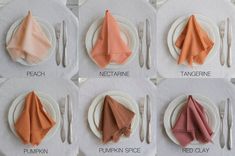 napkins and forks are arranged on white plates with orange, pink, and red napkins