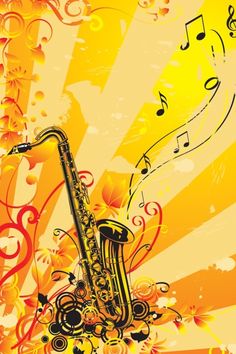 a saxophone with music notes on the background