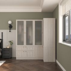 a bedroom with a bed, dresser and window in it's centerpieces