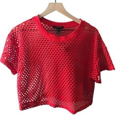 Red Forever 21 Crop See Thru Mesh Like T-Shirt, Short Sleeves. Size Medium, Sheer - Wear Over A Tank Or Cute Bralette New With Tag Crop Tee Shirt, Short Sleeve Linen Shirt, Orange Tees, Cropped Tee Shirt, Patagonia Shirts, Lace Tee, Football Tees, Crochet Shirt, Loose Shirts