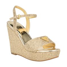 PRICES MAY VARY. Feel flashy in the Hippa wedge by Guess, which is adorned by clear stones allover and a Guess triangle hardware piece on front band. Almond/Open Toe Buckle Closure 4.33" heel height ; 1.38" platform height Kids Trend, Gold Satin, Heeled Sandal, Mens Trends, Clear Stone, Wedding Watch, Sandal Fashion, Wedge Sandal, Outdoor Accessories