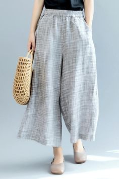 Fashion Gray Wide Leg Pants Women Linen Trousers K2561 | FantasyLinen Gray Wide Leg Pants, Long White Blouse, Cotton Pants Women, Wide Leg Pants Women, Stil Boho, Linen Fashion, Casual Wide Leg Pants, Summer Linen, Wide Leg Linen Pants