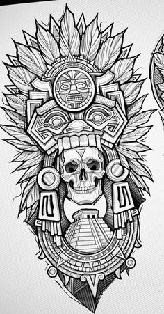 a drawing of a skull with an ornate headdress