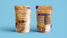 two bags of sprouted cashews sitting side by side on a blue background