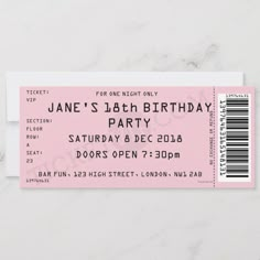 a pink ticket for a birthday party