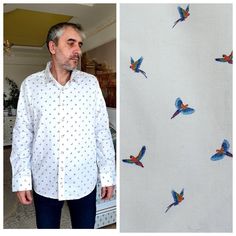 "macaw print shirt men's bird print shirt mens cotton shirt boho shirts hippie shirts mens summer shirt сasual shirts long sleeve shirts XL Please refer to photos for details of condition.  Condition: good vintage 100%-cotton height of the men in the photo - 187 cm Measurements : Length: 74 cm/44.5\" Sleeve : 65 cm/25.6\" Shoulder to shoulder: 50 cm/ 19.7\" Bust: 120 cm/47.2\" Waist: 110 cm/43.3\"   Size: XL note The color on the pictures may vary due to monitor settings and light reflections. R Printed Shirts Men, Hippie Shirt, Cotton Shirts For Men, Boho Shirts, Mens Oxfords, Bird Prints, Summer Shirts, Mens Summer, Cotton Shirt