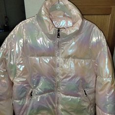 It's Beautiful Shimmery Pink Down Jacket Size Medium Iridescent Fitted Long Sleeve Outerwear, Fitted Iridescent Outerwear For Winter, Trendy Iridescent Outerwear For Fall, Fitted Iridescent Outerwear For Fall, Spring Iridescent Long Sleeve Outerwear, Iridescent Long Sleeve Outerwear For Spring, Trendy Iridescent Long Sleeve Outerwear, Casual Iridescent Long Sleeve Outerwear, Down Jacket