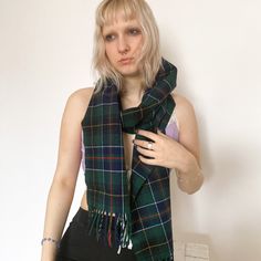 "Vintage 90s checkered wool scarf in green / navy blue   Width : 26 cm / 10.5\", Length : 200 cm / 79\".    Material : Wool." Scottish Plaid Winter Scarf, Vintage Scarf, Wool Scarf, Scarf Wrap, Vintage 90s, Scarf Accessory, Art Collection, Bathing Beauties, Navy Blue