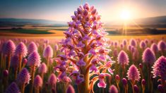 the sun is shining over a field full of pink flowers