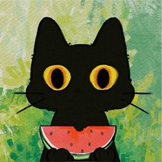 a black cat with yellow eyes eating a piece of watermelon on a green background