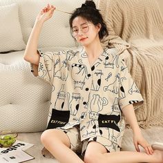 Color: White Cat, Size: XL Casual Beige Cotton Sleepwear, Oversized Cotton Sleepwear Casual Style, Oversized Cotton Sleepwear, Oversized Cotton Casual Sleepwear, Oversized White Summer Sleepwear, White Oversized Summer Sleepwear, Casual Beige Sleepwear For Spring, Casual Beige Spring Sleepwear, Casual Sleep Tops In Beige