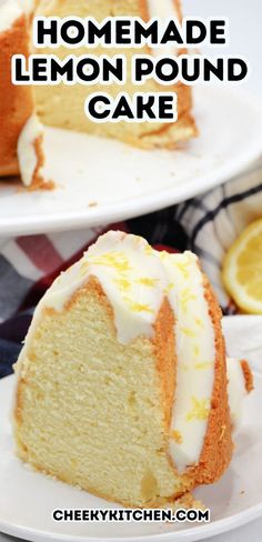 a lemon pound cake on a white plate with the words homemade lemon pound cake above it