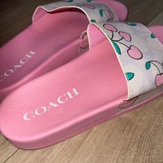 Coach Purse And Shoes. (No Box) Trendy Open Toe Sneakers, Coach White Leather Sandals, White Leather Coach Sandals, Chic Pink Round Toe Slides, Pink Leather Slides With Branded Insole, Coach Pink Slip-on Sandals, Casual Slides With Branded Heel Counter For Spring, Coach Pink Flat Sandals, Coach Leather Slides For Spring