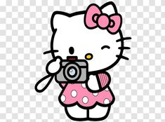 a hello kitty holding a camera and wearing a pink dress