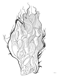 a black and white drawing of a woman's head with flames coming out of it