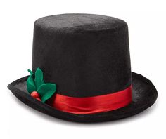 a black hat with a red ribbon around the brim and green leaves on it