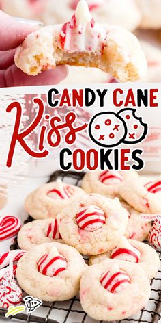 candy cane cookies on a cooling rack with text overlay