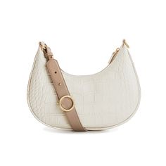 The Carrie Medium Baguette Bag features a gentle half-moon shape and slim, structured silhouette, offering a vintage-inspired look. The signature belt loop detail allows for the strap to be lengthened, making it perfect to carry on hand or use the shoulder strap for a hands-free style. Chic Beige Baguette Bag With Adjustable Strap, Chic Cream Baguette Bag With Gold-tone Hardware, Chic Baguette Hobo Bag, Chic Baguette Hobo Bag With Adjustable Strap, Chic Beige Baguette Bag With Gold-tone Hardware, Elegant Baguette Bag With Detachable Strap And Round Handle, Elegant Everyday Baguette Bag With Round Handle, Baguette Hobo Bag With Adjustable Strap, Beige Evening Baguette Bag With Adjustable Strap