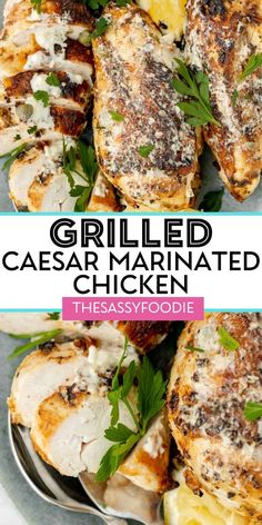 grilled chicken with parmesan cheese and herbs on top