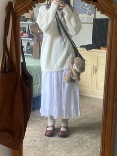 Long Skirt Mary Janes, Mary Janes With Long Skirt, Vintage Mary Janes Outfit, White Skirt Outfit Ideas Winter, Aesthetic White Skirt Outfit, Korean Long Skirt Outfits For Winter, White Maxi Skirt Winter, Long White Skirt Winter Outfit, Long White Skirt Aesthetic