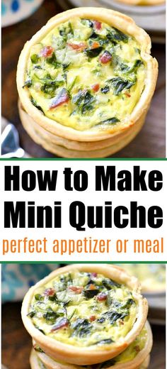 mini quiche recipe with spinach and cheese in the middle on a wooden table