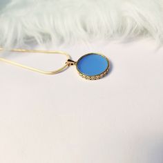 "Chalcedony pendant necklace gold,round,blue,flat pendant,gift for her,women jewelry,aqua,gemstone,unique,simple,18k gold,vintage style  necklace size:18\" pendant diameter:25mm Thickness:3mm Add this beautiful chalcedony ocean blue pendant gold  necklace. This pendant is inspired by vintage jewellery. Sets well around the neck and looks amazing." Handmade Yellow Gold Charm Necklace With Round Pendant, Handmade Yellow Gold Round Pendant Charm Necklace, Elegant Oval Medallion Necklace With Large Pendant, Elegant Large Oval Medallion Necklace, Handmade Charm Necklace With Round Gold Plated Pendant, Yellow Gold Metal Charm Necklace With Round Pendant, Gold Plated Necklaces With Gemstone Round Pendant, Gold Plated Gemstone Round Pendant Necklace, Handmade Gold Plated Charm Necklace With Round Pendant