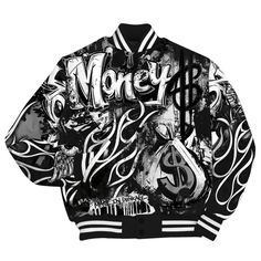 a black and white jacket with the word money on it's front, surrounded by graffiti