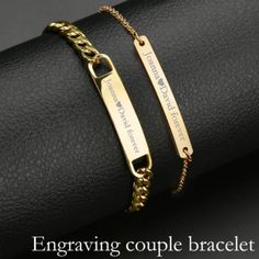 Show your special someone how much you care with this handmade custom bracelet set! Crafted from high-quality stainless steel, these bracelets are made to last and will make a meaningful and lasting statement of love. With a brushed finish, the bracelet is engraved with special words that can be customized to fit you and your significant other's special bond. Choose from four different colors - black, gold, rose gold and silver - to complement any style or mood. Each set includes two bracelets so you and your loved one can stay connected even across time and distance. You have the option of engraving only one side or both sides with heartfelt words, quotes or initials. Plus, the bracelets are adjustable for the perfect fit every time. What better way to express your love and commitment tha Metal Nameplate Bracelet For Gift, Personalized Metal Chain Bracelet For Anniversary, Stainless Steel Name Bracelet With Engraving Option As Gift, Custom Name Stainless Steel Jewelry For Friendship, Stainless Steel Name Bracelet With Engraving Option, Customized Stainless Steel Name Bracelet For Anniversary, Stainless Steel Name Bracelet For Friendship, Customized Stainless Steel Bracelets For Valentine's Day, Customizable Stainless Steel Friendship Bracelets