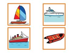 four pictures with different types of boats and ships in the middle one has an orange frame