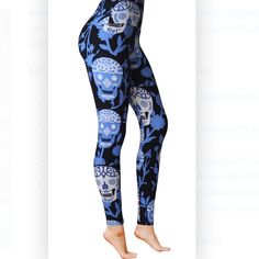 Comfy Brand Leggings In A Fun Blue & White Skull Print. These Super Soft Brushed Material Leggings Features A Super High Waist And Fitted Cut Allowing Amazing Comfort While Working Out, Striking Your Best Warrior Pose Or With A Chunky Sweater Touring The Town. Four-Way Stretch, Tummy Control And No-See-Thru Construction. 5" High Waist 92% Polyester 8% Spandex Approx Plus Fits L-Xl (Waist 13.5", Hip 18", Inseam 28" Ankle 4.5") Fitted Skull Print Leggings For Halloween, Casual Stretch Leggings With Skull Print, Fitted Black Leggings With Skull Print, Casual Skull Print Stretch Leggings, Black Skull Print Leggings For Halloween, Halloween Stretch Skull Print Leggings, Halloween Skull Print Black Leggings, Casual Skull Print Leggings, Fitted Halloween Bottoms With Skull Print