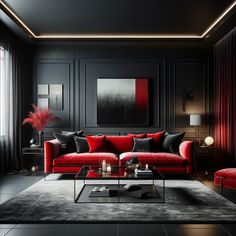 a living room with black walls and red couches in the center, along with a large painting on the wall