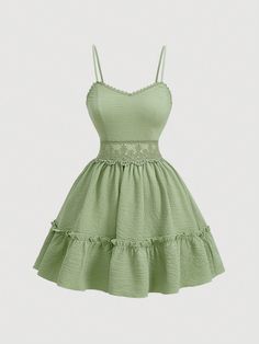 Women's Solid Color Lace Patchwork Spaghetti Strap Dress Green Casual  Sleeveless Woven Fabric Plain Cami Slight Stretch  Women Clothing, size features are:Bust: ,Length: ,Sleeve Length: Sage Green Fits, Cute Green Dress, Pastel Green Dress, Fairycore Fashion, Green Sundress, Grad Outfits, School Dance Dresses, Green Silk Dresses, Olive Green Dresses