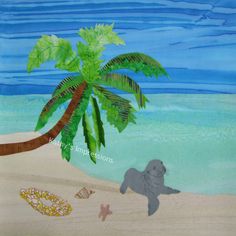 a painting of a seal on the beach next to a palm tree and starfish