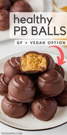 chocolate covered peanut butter balls on a plate with text overlay that reads healthy pebbles gf + vegan option