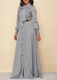 Button Up Tie Neck Stripe Print Maxi Dress | Rotita.com - USD $37.57 Button Up Maxi Dress, Tie Neck Dress, Designer Evening Dresses, Wedding Spring, Ever Pretty, Sequin Party Dress, Maxi Dress Evening, Designs For Dresses