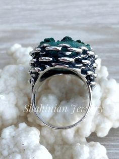 Sterling silver ring with natural green raw malachite stone for women. Made in Armenia with love special for you and your loved ones) Choosing our jewelry, you choose the best quality, unique design, and perfect look in every occasion) We also can make this ring with natural dark blue raw azurite, golden pyrite, or with rainbow carborundum! Just let me know which stone you prefer) Also, we make the matching earrings! 【FULL DETAILS】 ▶Gemstone: Natural malachite ▶Stone Size: 25 mm * 20 mm ▶RING SI Silver Malachite Gemstone Ring, Unique Raw Stone Jewelry Ring, Unique Raw Stone Ring Jewelry, Unique Raw Stone Ring, Unique Open Ring With Raw Stone, Silver Malachite Rings As Gift, Handmade Silver Malachite Rings, Unique Green Jewelry With Raw Stone, Unique Sterling Silver Jewelry With Raw Stone