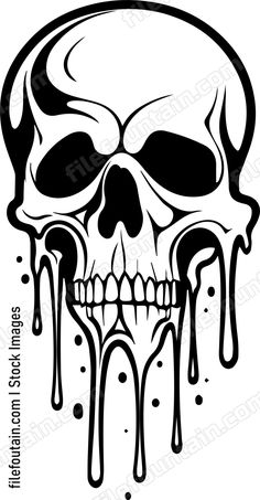 a black and white skull with dripping paint