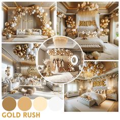 gold and white wedding decor with balloons