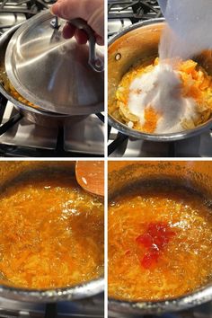 the process of cooking eggs in a pot on the stove top and then being stirred with a spatula