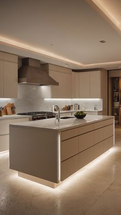 a large kitchen with an island counter top and lights on the ceiling, along with white cabinets