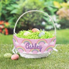 an easter basket filled with eggs and grass