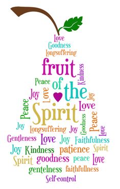 a fruit of the spirit is shown with words in different colors and shapes on it