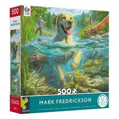 a jigsaw puzzle box with a dog in the water surrounded by other animals