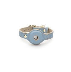 a blue leather dog collar with gold hardwares on the front and side, featuring an oval