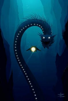 an underwater scene with a dragon and a light in the dark blue water at night